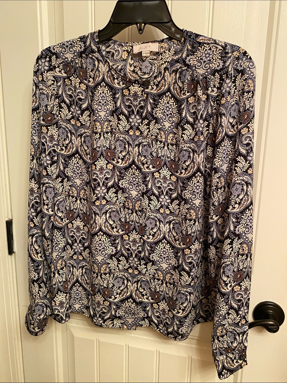 LOFT Navy, Cream & Brown Paisley Long-Sleeve Blouse